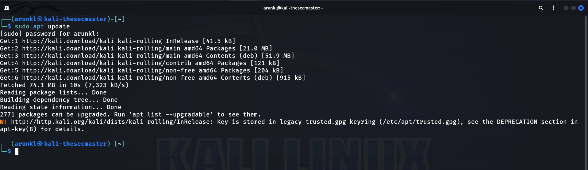 Terminal output showing successful execution of sudo apt update on Kali Linux with a warning about using a deprecated GPG key storage method.