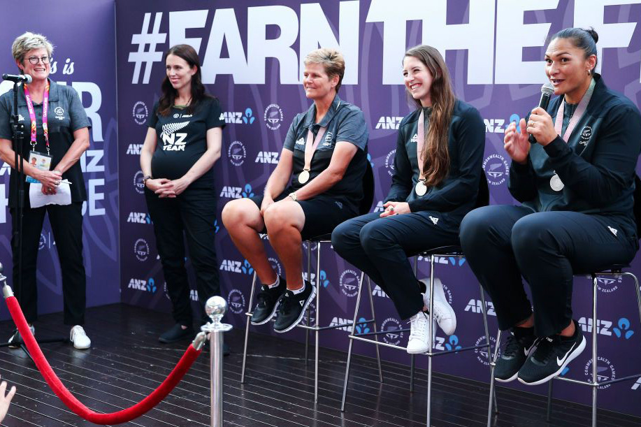 Kereyn (far left) with Prime Minister Ardern and three NZ Olympians